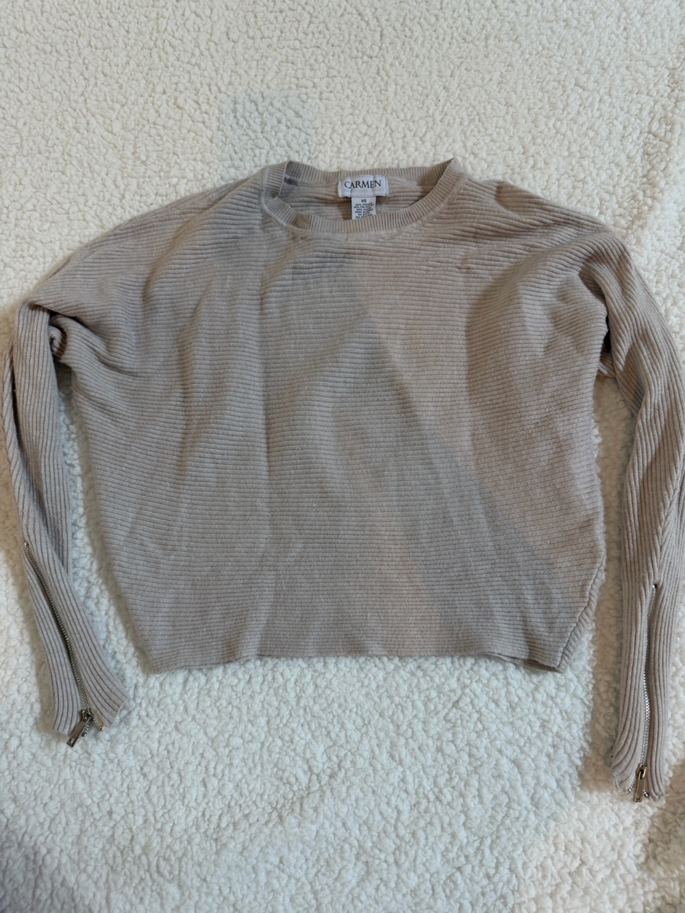 Carmen Marc Valvo Oatmeal Ribbed Zip Cuff Dolman Sweater XS